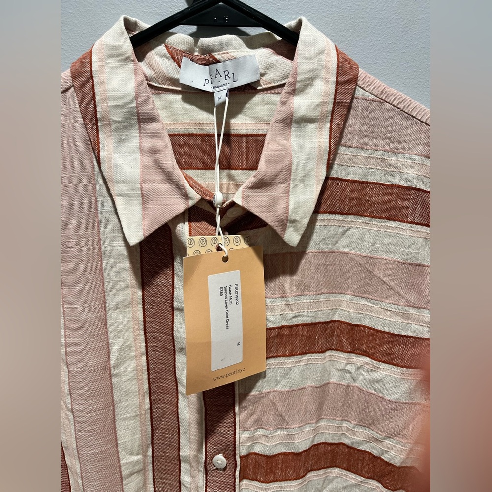 NWT Pearl by Lela Rose Striped Midi Shirtdress Blush Multi Cotton Linen Blend,M - Picture 3 of 11